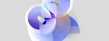 Soyut kompozisyon. Üstüste binen yarı şeffaf şekiller yumuşak eğimler yaratır, havalı tonlar baskın gelir. Minimalist tasarım, modern estetik.