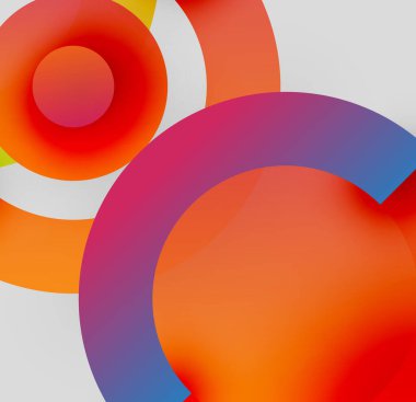 Üst üste binen daireler içeren soyut kompozisyon. Canlı turuncu, kırmızı, mor renkler tasarımda baskın. Minimalist estetik, modern his.