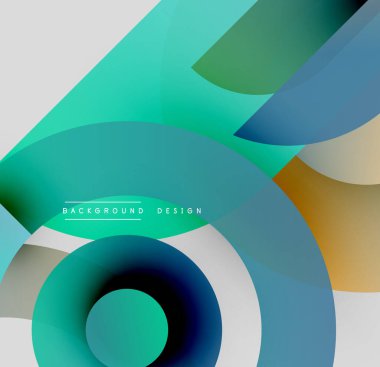 Soyut geometrik şekiller örtüşür ve dinamik bir değişim etkisi yaratır. Modern tasarım serin maviler, yeşiller, altın renkleri kullanır.