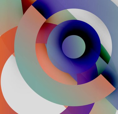 Soyut renkli daireler çakışıyor, dinamik görsel efekt yaratıyor. Renkler karışıyor, girdap şekli oluşturuyor. Modern tasarım.