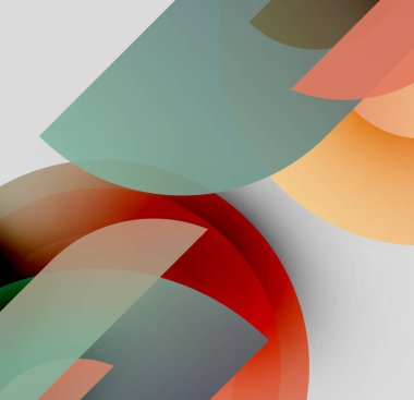 Soyut kompozisyon. Üst üste binen şekiller dinamik görsel efekt yaratır. Renkler karışıyor, yumuşak eğimler oluşturuyor. Modern tasarım.