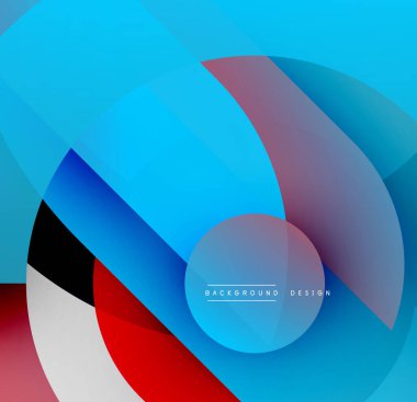 Soyut tasarım özellikleri üst üste binen renkli daireler. Mavi baskın, kırmızı, beyaz, siyah aksanlı. Modern, dinamik kompozisyon.