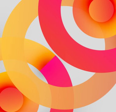 Üst üste binen renkli daireler içeren soyut bir kompozisyon. Sıcak tonlar baskın gelir, dinamik görsel efekt yaratır. Basit şekiller, modern tasarım..