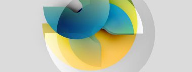 Soyut şekiller örtüşür, canlı renk karışımları yaratır. Yumuşak eğimler derinlik önerir, modern tasarım ögesi oluşturur.