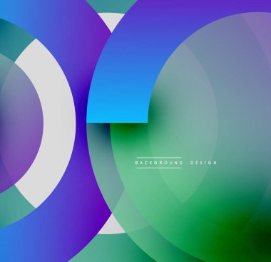 Soyut geometrik şekiller örtüşüyor, canlı renk eğimleri yaratıyor. Mavi, mor, yeşil renkler kompozisyona hakim. Modern tasarım ögesi.