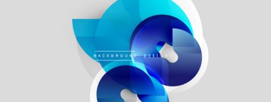 Soyut mavi şekiller örtüşüyor ve dinamik bir değişim etkisi yaratıyor. Modern tasarım elementleri teknoloji ve yenilik öneriyor. Açık gri arkaplan karşıtlık sağlar.