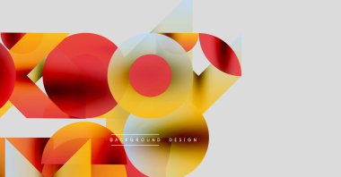 Soyut şekiller örtüşüyor, canlı renk değişimleri yaratıyor. Sarılar, kırmızılar beyaz uzayda dizaynın hakimi. Modern estetik.