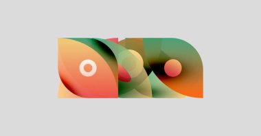 Üst üste binen şekiller, canlı renkler, gradyanlar içeren soyut tasarım. Kompozisyon, organik formları, modern estetiği çağrıştırıyor..