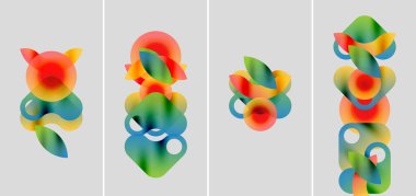 Soyut renkli şekiller örtüşür, dinamik kompozisyonlar oluşturur. Dört panel gradyan karışımları, pürüzsüz geçişleri, modern tasarımı gösterir.