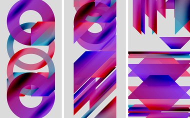 Soyut geometrik şekiller, canlı renkler, mor, mavi, pembe renkler. Modern dijital sanat kompozisyonu, minimalist stil.