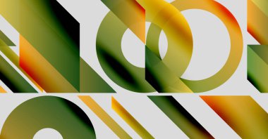 Soyut geometrik bileşim. Üst üste binen şekiller dinamik görsel efekt yaratır. Renkler harmanlanır, değişkenler oluşur, modern tasarım.