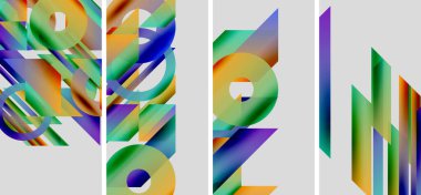 Soyut geometrik bileşim. Renkli şekiller örtüşüyor, dinamik görsel efektler yaratıyor. Gradyan renkler tuval üzerinde egemen. Modern sanat tarzı.