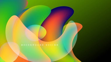 Soyut renkli şekiller örtüşür, canlı sıvı tasarımı yaratır. Arka plan koyu yeşil, güçlü bir kontrastlık sunuyor. Modern estetik.