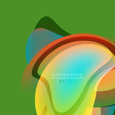 Soyut canlı katmanlar örtüşüyor. Yeşil arkaplan akıcı renkli şekilleri destekler, dinamik görsel efekt yaratır. Modern tasarım ögesi.