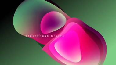 Soyut şekiller örtüşüyor, canlı gradyanlar yaratıyor. Pembe, yeşil renkler koyu arkaplana hakim. Modern tasarım ögesi.