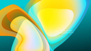 Soyut sıvı şekilleri örtüşür, parlak sarı, turuncu, turkuaz renkler yaratır. Koyu arkaplan parlak renk değişimlerini vurgular. Modern tasarım ögesi.