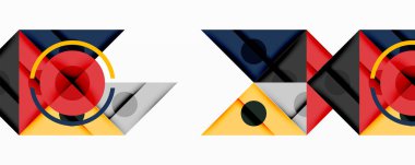 Soyut geometrik bileşim. Şekiller örtüşüyor, dinamik görsel ilgi yaratıyor. Kırmızı, siyah, sarı, gri egemen tasarım.