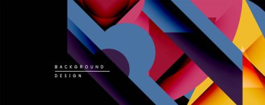 Soyut geometrik tasarım üst üste binen canlı şekiller içerir. Renkler arasında mavi, mor, pembe, sarı, dinamik görsel doku oluşturan. Modern estetik, uygun arkaplan ögesi.