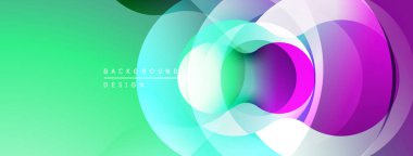 Soyut renkli daireler çakışıyor, dinamik görsel efekt yaratıyor. Mezuniyet değişimleri turkuaz, mor ve yeşil renkleri harmanlıyor. Modern tasarım ögesi.