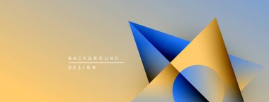 Soyut geometrik şekiller örtüşüyor, canlı renk eğimleri yaratıyor. Arkaplanda, serin mavi renklere geçiş yapan ılık sarı renkler var. Modern tasarım elemanları.