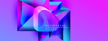 Soyut geometrik şekiller canlı mor, mavi renkleri harmanlarlar. Modern tasarım katmanlı formlar, gradyan etkiler içerir. Metin arkaplan tasarımı okur.
