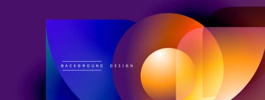 Soyut canlı tasarım, üst üste binen daireler, gradyanlar. Mor, mavi, turuncu renkler modern görsel etki yaratır. Metin arkaplan tasarımı okur.