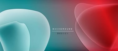 Soyut şekiller harmanlanmış turkuaz, kırmızı renkler. Gradyan arkaplan dizaynı içeriyor. Minimalist estetik, modern sunum.