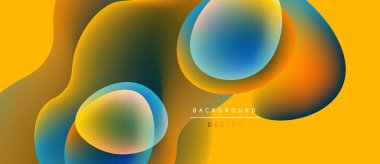 Soyut sıvı şekiller, canlı renklerin karışımı. Sarı, turuncu, mavi dinamik arkaplan tasarımı yaratır. Modern estetik, pürüzsüz eğimler sunar.