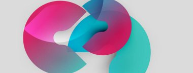 Soyut şekiller örtüşür, canlı renk karışımları yaratır. Pembe, mavi, turkuaz renkler kompozisyona hakim. Minimalist tasarım, modern estetik.