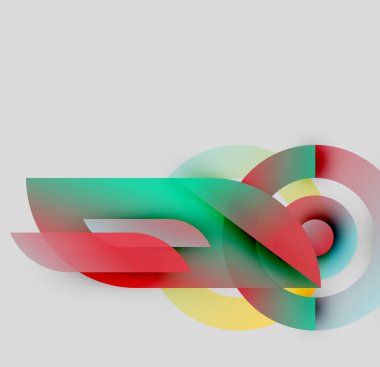 Soyut kompozisyon. Üst üste binen renkli şekiller dinamik görsel efekt yaratır. Modern tasarım, gradyanlar, pürüzsüz geçişler mevcut.