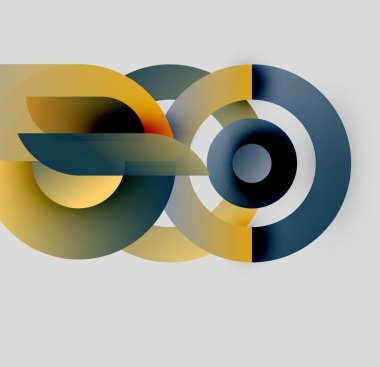 Soyut tasarım özellikleri üst üste binen daireler, gradyanlar. Sarı, mavi renkler dinamik görsel kompozisyon oluşturur. Modern, minimalist estetik.