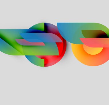 Soyut renkli şekiller örtüşür, dinamik görsel akış yaratır. Gradyanlar renkleri harmanlayıp modern kompozisyon oluştururlar. Parlaklık, gri arkaplanla çelişir.