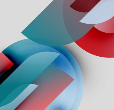 Soyut şekiller örtüşür, canlı renk karışımları yaratır. Kırmızı, mavi, deniz mavisi nötr arkaplanı yönetir. Yumuşak gradyanlar modern estetik sunar.