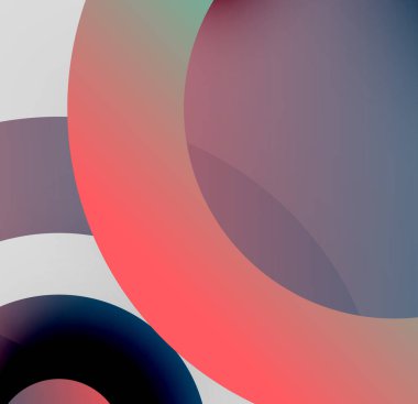 Üst üste binen daireler içeren soyut kompozisyon. Renkler karışıyor, yumuşak eğimler yaratıyor. Minimalist tasarım, modern estetik.