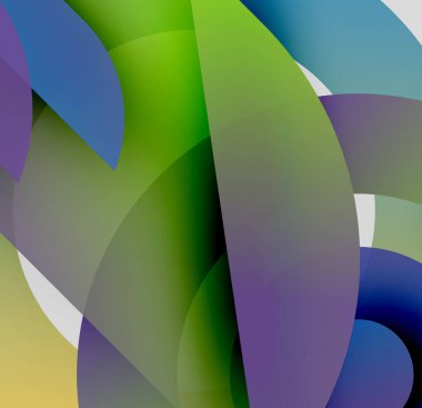 Soyut kompozisyon. Üstüste binen yarı saydam şekiller canlı renk karışımları ve gradyanlar yaratır. Modern dijital sanat tarzı.