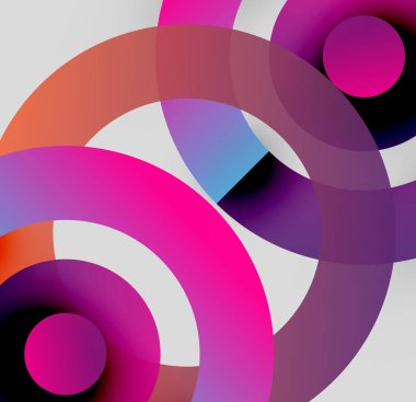 Üst üste binen renkli daireler, gradyanlar, canlı renkler içeren soyut bir kompozisyon. Modern tasarım, dinamik şekiller, görsel uyum.