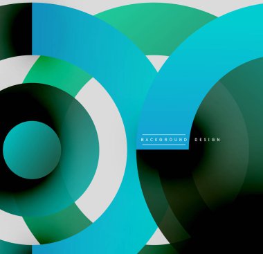 Soyut çemberler çakışıyor, canlı gradyanlar yaratıyor. Mavi, yeşil, siyah, beyaz renkler kompozisyona hakim. Modern tasarım ögesi.