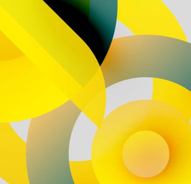 Soyut kompozisyon. Üst üste binen daireler, canlı sarılar, sessiz yeşiller, beyaz şekiller dinamik görsel efektler yaratır. Modern tasarım.