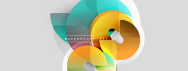 Soyut geometrik şekiller çakışıyor. Canlı renkler harmanlanır, modern tasarım yaratır. Açık gri arkaplan karşıtlık sağlar. Minimalist estetik.