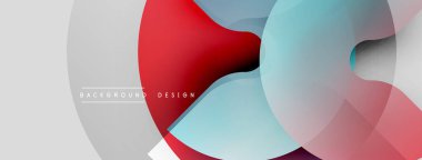 Soyut tasarım, üst üste binen daireler, kırmızı, açık mavi, gri tonlarda. Metin elementli minimalist kompozisyon. Modern estetik.