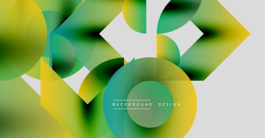 Soyut geometrik şekiller örtüşür, parlak yeşil, sarı renkler yaratır. Modern tasarım elementleri akıcılık, hareket, derinlik.