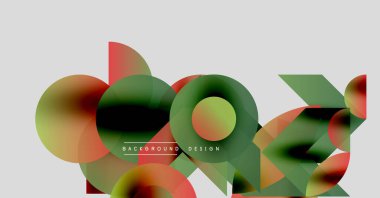 Soyut şekiller örtüşür, dinamik bileşim yaratır. Renkler karışımı, yeşiller, sarı beyaz fon. Modern tasarım ögesi.