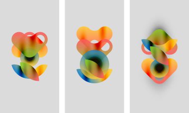 Soyut renkli şekiller çakışıyor ve canlı üç parçalı bir şekil oluşturuyor. Yumuşak eğimler, bulanık kenarlar hareket ve derinliği gösteriyor. Minimalist arkaplan formları geliştirir.