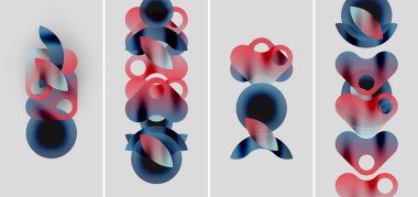 Soyut sanat eserlerinde dört panel vardır. Üst üste binen daireler, kırmızı ve mavi renkler dinamik kompozisyonlar oluşturur. Minimalist tarz, yumuşak eğilimler mevcut.