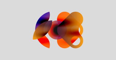 Soyut şekiller örtüşür, canlı renk karışımları yaratır. Turuncu, mor, kırmızı renkler tarafsız arkaplanda baskın. Akışkanlık, hareket.