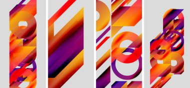 Soyut sanat eserleri. Dört panelde parlak turuncu ve mor renkler var. Geometrik şekiller, dinamik görsel efekt oluşturur. Modern tasarım.