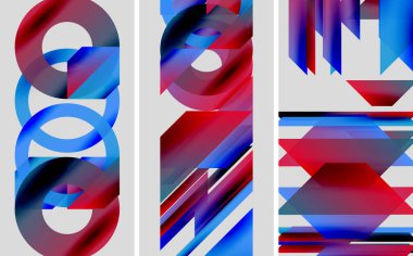 Soyut geometrik bileşim. Kırmızı, mavi gradyanlar dinamik görsel etki yaratır. Modern tasarım, temiz çizgiler, kalın şekiller..