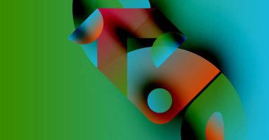 Canlı şekiller ve gradyanlardan oluşan soyut bir kompozisyon. Yeşil zemin turuncu, mavi, kırmızı elementlerle çelişiyor. Modern tasarım.