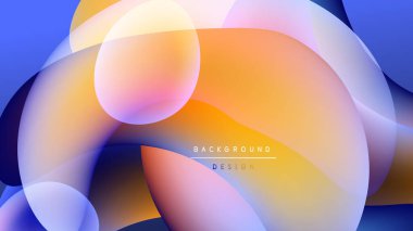 Soyut sıvı şekilleri örtüşür ve canlı renk değişimleri yaratır. Turuncu, mavi, mor renkler koyu arkaplanda harmanlanır. Modern tasarım ögesi.