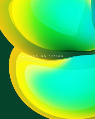 Soyut arkaplanda canlı sarı, yeşil renkler var. Üst üste binen şekiller dinamik görsel efekt yaratır. Modern tasarım elemanları.